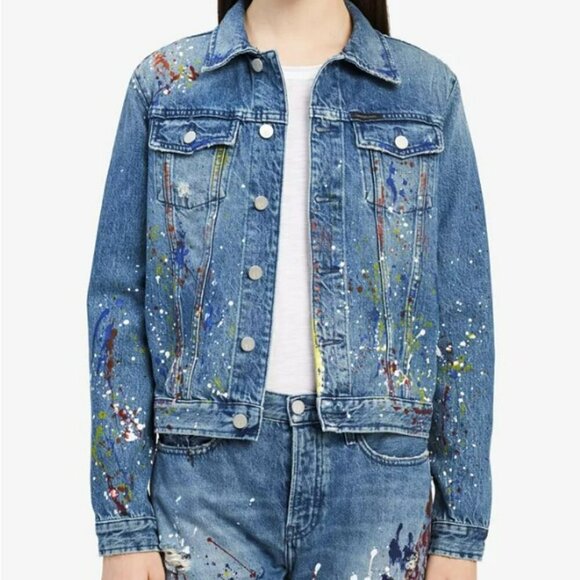 Calvin‎ Klein Jeans Cotton Paint Splatter Colorful Denim Jacket Size S - Picture 1 of 16